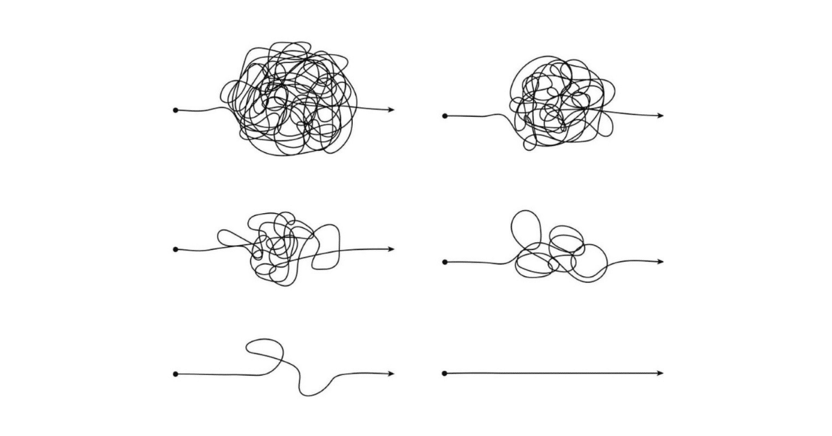 Series of six drawings featuring tangled lines becoming less and less tangled
